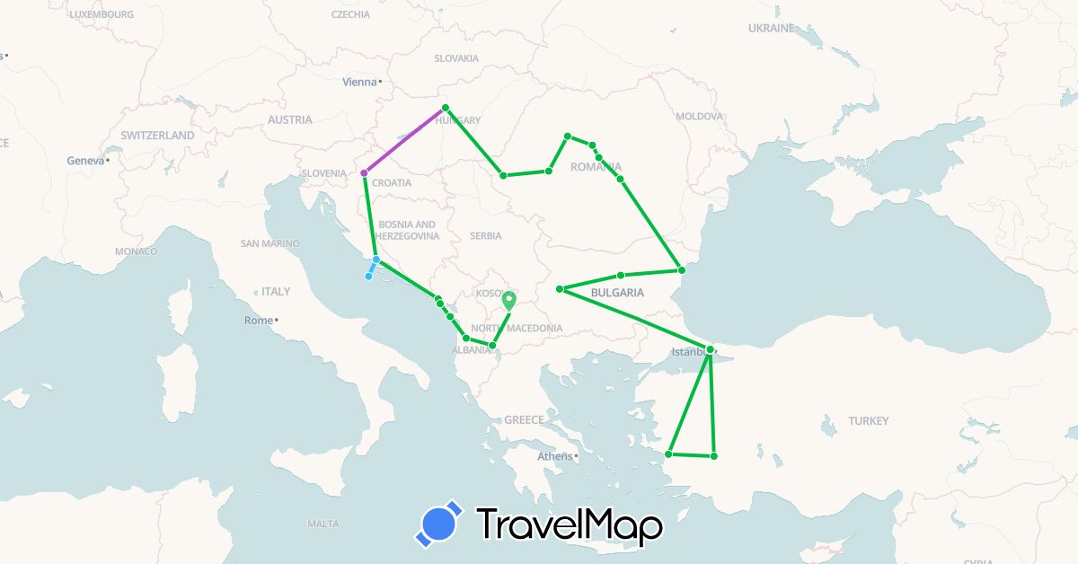 TravelMap itinerary: driving, bus, train, boat in Albania, Bulgaria, Croatia, Hungary, Montenegro, Macedonia, Romania, Turkey (Asia, Europe)