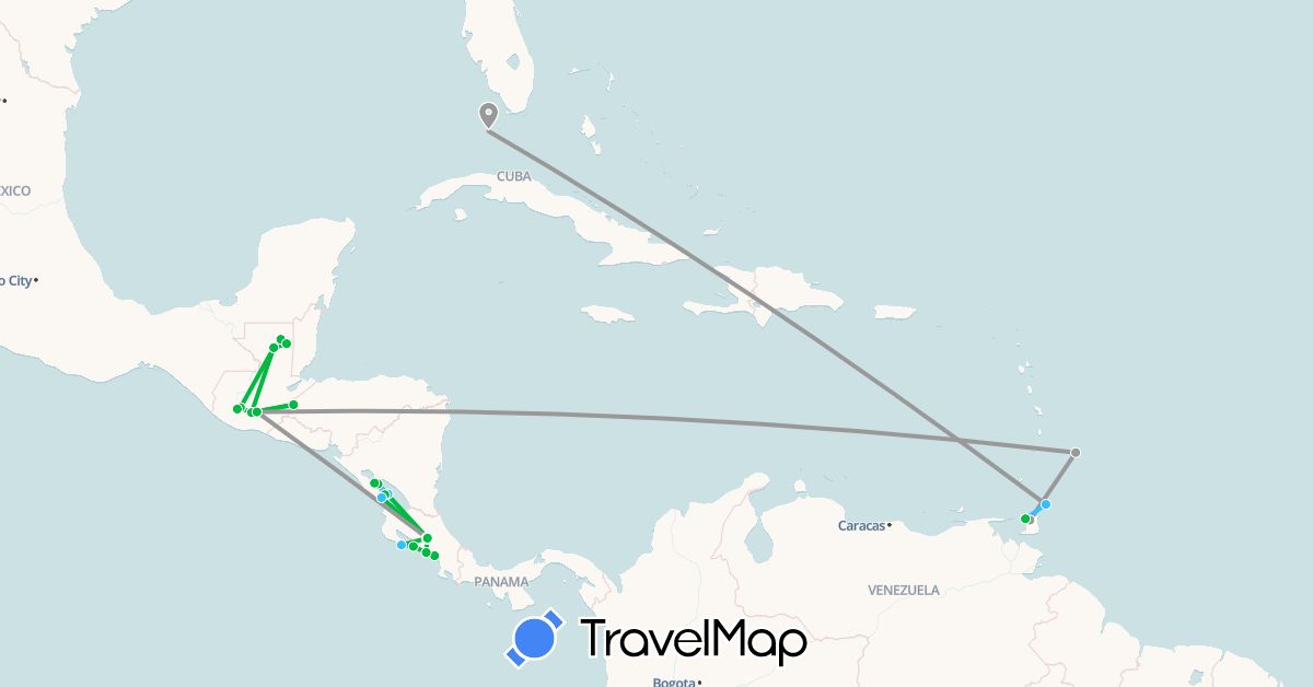 TravelMap itinerary: driving, bus, plane, boat in Barbados, Costa Rica, Guatemala, Honduras, Nicaragua, Trinidad and Tobago, United States (North America)