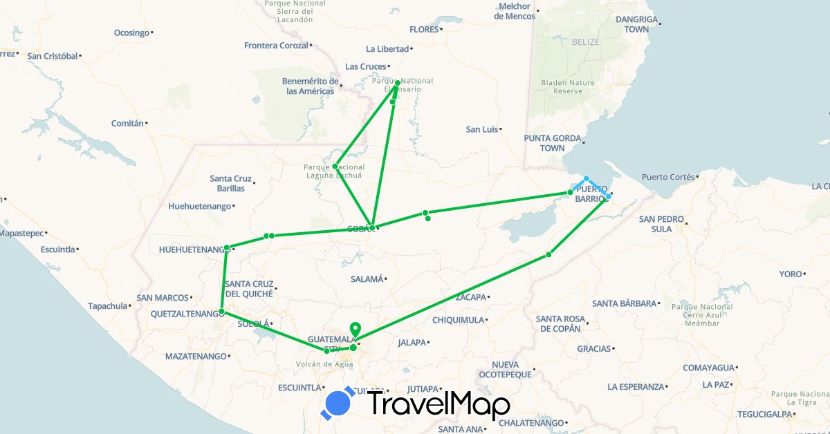 TravelMap itinerary: driving, bus, boat in Guatemala (North America)
